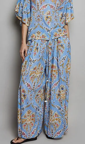 POL Wide-Leg Floral Print Pants in Light Blue & Mustard Lg thumbnail 1