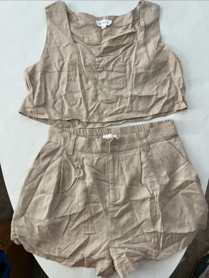 MABLE 2 Piece Matching Set - Sleeveless Crop Square Neck Tank Top & Shorts Tan L thumbnail 4