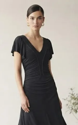 Zara Black Draped Mini Dress Size M Flutter Sleeve Ruched V-Neck Cocktail Party thumbnail 1