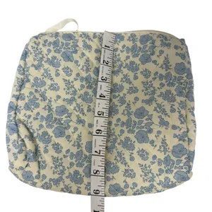 Floral Quilted Cosmetic Bag Blue & Cream Makeup Pouch, Travel Toiletry Zipper thumbnail 5