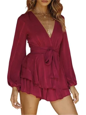 Selfie Leslie Burgundy Red V-Neck Ruffled Mini Romper thumbnail 4