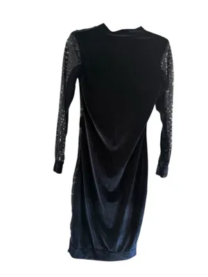 Black Velvet Midi Dress with Sheer Sparkle Sleeves thumbnail 10