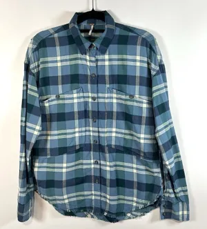 Free People Loveland Plaid‎ Button Down Shirt Blue Rayon Cotton Tunic Sz XS Boho thumbnail 1