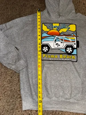 Pismo Beach 'Living Salty' Graphic Hoodie - Gray with Yellow & Blue size Medium thumbnail 4