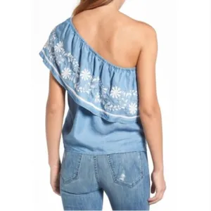 NEW Rebecca Minkoff One Shoulder Embroidered Blue Chambray Top Boho Summer thumbnail 9