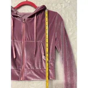 Juicy Couture Velour‎ Cropped Zip Up Hoodie Rhinestone Logo Mauve Pink Medium thumbnail 2