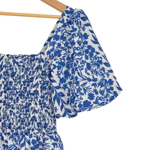 THML Blue White Floral Smocked Mini Dress Medium Puff Sleeve Coastal Cottagecore thumbnail 4