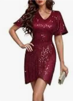 NEW Sequin Cocktail Prom Dress Semi Formal V Neck Short Sleeve XL thumbnail 1