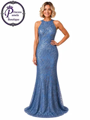 Boutique #3-8 Dusty Blue Sequin High Halter Neckline Sleeveless Column Gown. thumbnail 10