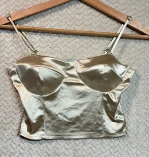 Popular 21 Gold Satin Bustier Crop Top Ivory Metallic Corset Cami Womens Small thumbnail 1