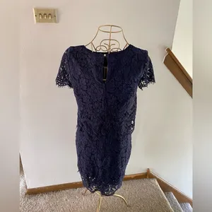 Lulus Turn Back Time Lace Two-Piece Crop Top Mini Skirt Set Small Navy thumbnail 4