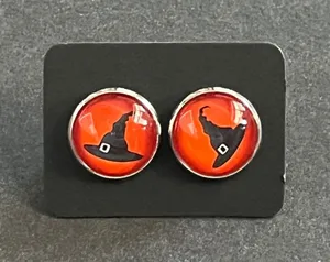 Witch Hat‎ Halloween Stud Earrings Orange Black Silver Tone thumbnail 1