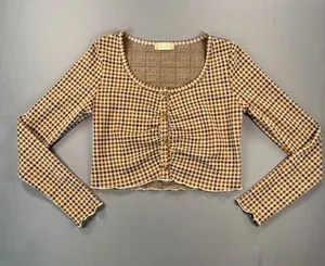 Altar'd State Brown and White Houndstooth Long Sleeve Button-Up Crop Top Medium thumbnail 1
