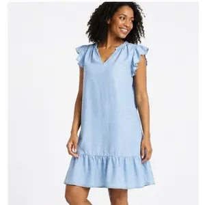 Time and Tru Womens Dress Size M Light Blue Split Neck Flounce Hem Casual Ruffle thumbnail 4