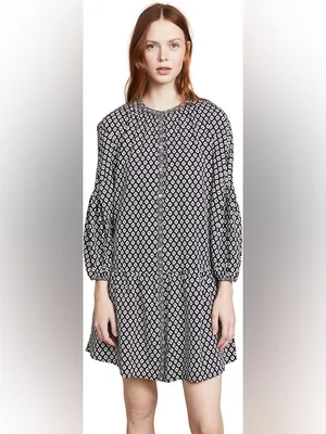 Joie Hagi Long Bishop Sleeve Ditzy Tile Print Black/White Drop BohoDress Size XS thumbnail 4