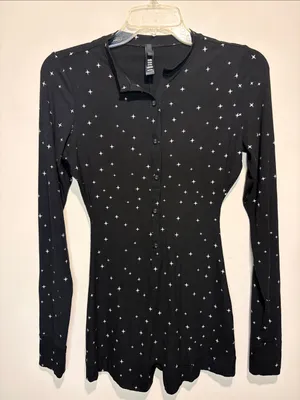 SKIMS Loungewear Button Up Henley Onesie in Onyx Sparkle Long Sleeve Ribbed S thumbnail 3