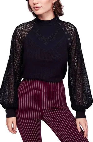 Free People Black Sweetest Thing Thermal Top Crewneck Top thumbnail 1