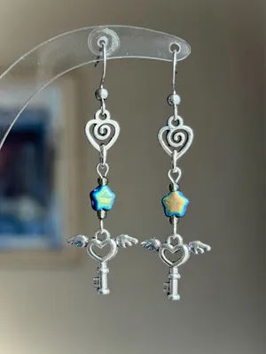 Handmade Czech glass star & angel heart key romance Kawaii y2k fairy dangle earrings✨ thumbnail 2
