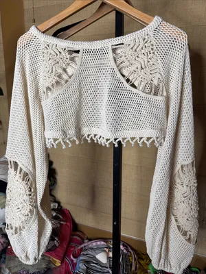 By Anthropologie Pearl Embellished Crochet Shrug Sweater Cream XS/S thumbnail 6