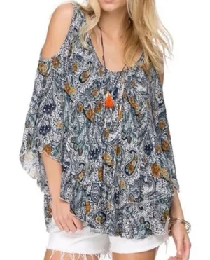 Free People Hummingbird Chloe Cold Shoulder Blouse Blue Paisley Print Size Small thumbnail 1