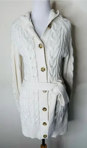 GAP Ivory Y2K Cable Knit Belted Hooded Long Cardigan Sweater thumbnail 1