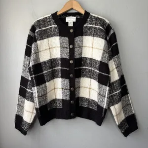 Vintage Boxy Plaid Sweater Size Medium Wool Cardigan Preppy Old Money Academia thumbnail 1