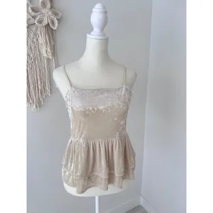 American Eagle Crushed Velvet Tank Top Cream Women's Medium Layered Dainty Flowy thumbnail 2