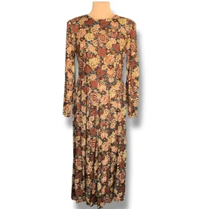 Vintage Brown Floral Midi Dress Long Sleeve Rayon Boho 90s‎ Grunge Size 10 Boho thumbnail 3