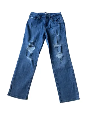 Levi’s medium-wash, high-waisted distressed straight-leg jeans thumbnail 1