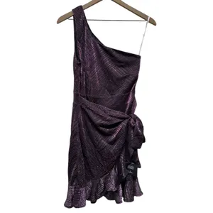 Lulus One Shoulder Purple Metallic Ruffle Faux Wrap Mini‎ Dress Women Sz S Party thumbnail 3