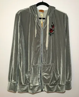 NWT POL Gray Velvet Valeur Embroidered Rose Hoodie Sweatshirt Women's size Large thumbnail 1