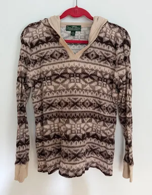 Ralph Lauren Brown & Beige V-Neck Hooded Patterned Sweater thumbnail 1