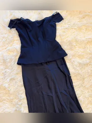 NEW Betsy & Adam Off the Shoulder Mixed Media Satin Navy Gown Sz 4 thumbnail 5