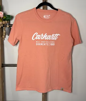 Carhartt Womens Loose Fit Peach Coral Short Sleeve Graphic Tee Size Medium‎ thumbnail 1