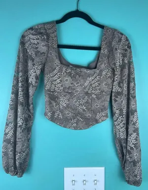 Altar'd State Taupe Lace Long Sleeve Corset Hem Top — Square Neck — XS thumbnail 1