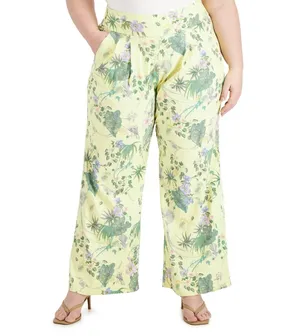 INC International Concepts Linen High Waist pleated Yellow Floral Wide Sz M Pants bright vibrant cottage thumbnail 2