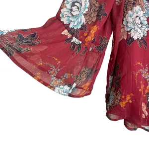 Luxology‎ Women Cottage Top XL Burgundy Floral Bell Sleeve Peasant Boho Romantic thumbnail 5