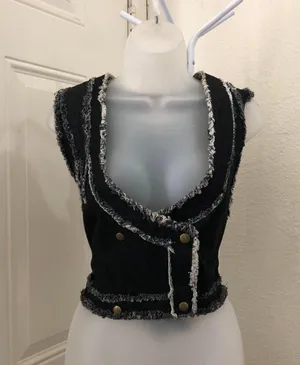 RARE Y2K Gothic Grunge Punk Rock Black Grey Sleeveless Denim Jean Vest Jacket Shirt Top Frayed Distressed Hem V-Neck Fitted Cropped 100% Cotton Size L thumbnail 1
