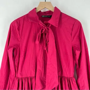 NY&C Pink Cotton Blend Button Front Tie Neck Pleated Fit & Flare Shirt Dress‎ thumbnail 3