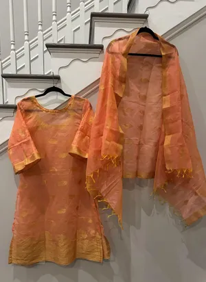 Indian Pakistani New Light Peach & Gold Organza Cotton Blend Stitched 2pc Suit thumbnail 1