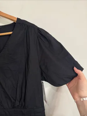French Connection V-neck Short PuffSleeve Black Poplin Tier Maxi Dress size XL thumbnail 5