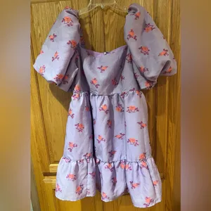 Chelsea28 Brocade‎ Puff Sleeve Babydoll Dress in Purple Lupine Floral Size XL thumbnail 7