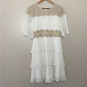 Lulus Westwind White Lace Pleated Tiered Chiffon Dress Crocheted Floral Top Sz L thumbnail 15