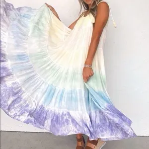 STORIA Tie Dye Maxi Dress Colorful Sleeveless Tasseled Straps Size S 100% Rayon thumbnail 2