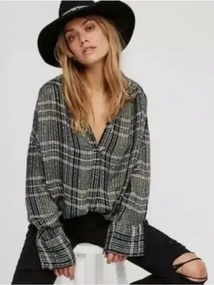Free People Fearless Love Washed Black Sequin Oversized Popover Boho Hippie Top thumbnail 1