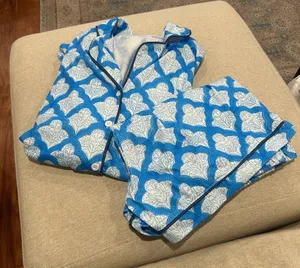 Blue and White Women’s Short Sleeve and Shorts Pajamas thumbnail 1