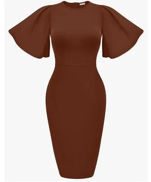 NEW Bodycon Ruffle Flared Short Sleeve Pencil Midi Dress L thumbnail 1
