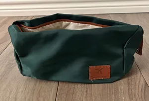 Dark Green Travel Cosmetic Toiletry Bag with Brown Leather Accents thumbnail 1