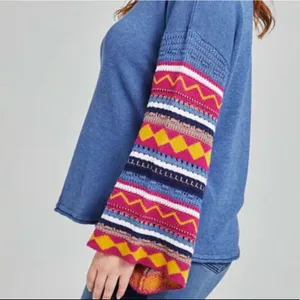 Killian BoHo Bohemian Patterned Sleeve Dusty Blue Bell Sleeve Sweater NWT thumbnail 9