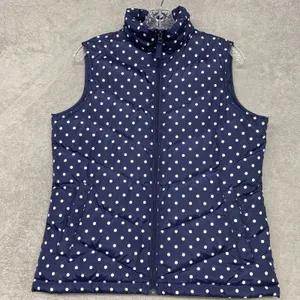 Lands End Vest Womens Small Jacket Blue White Polka Dot Full Zip Puffer Pockets thumbnail 1
